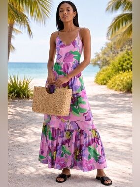 Express Pink Floral Maxi Dress with Purple & Green Print